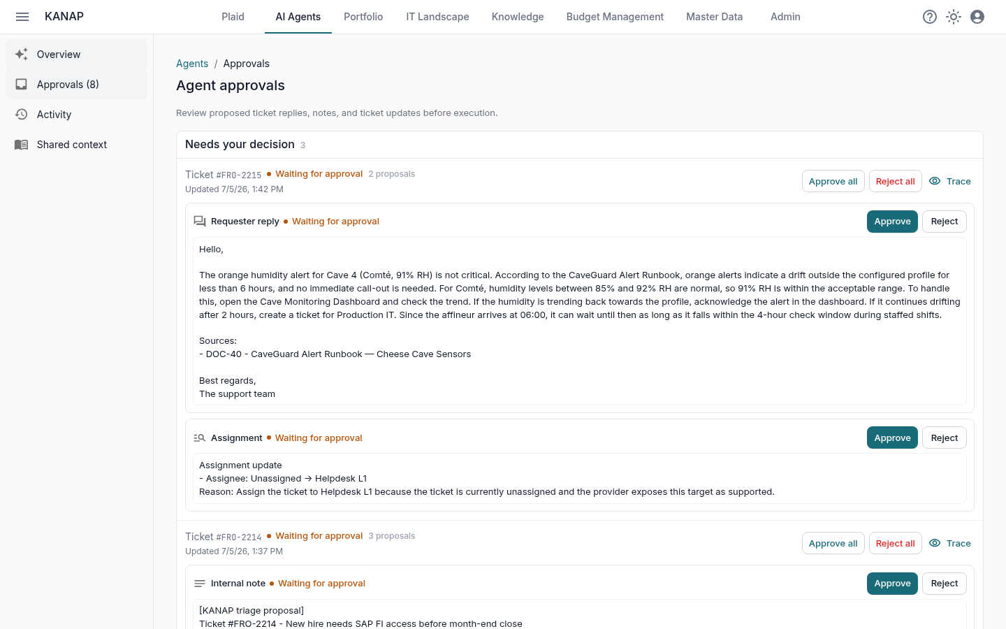 An agent proposal showing the classification, the drafted action, and the sources it used