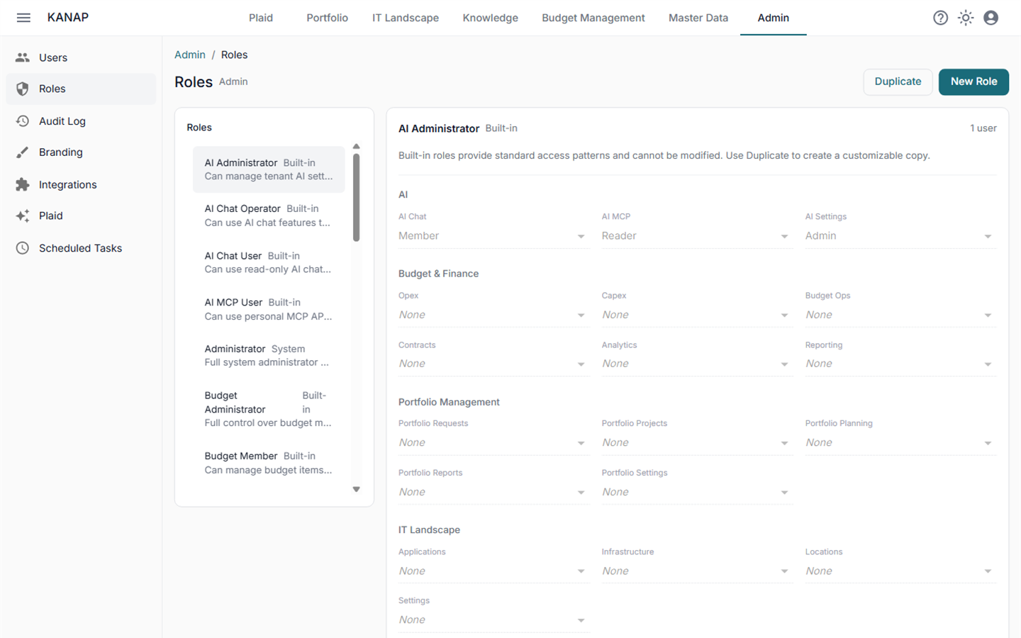 Plaid admin controls with permission matrix
