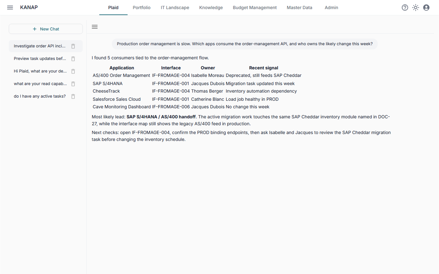 Plaid AI assistant answering a cross-module IT governance question