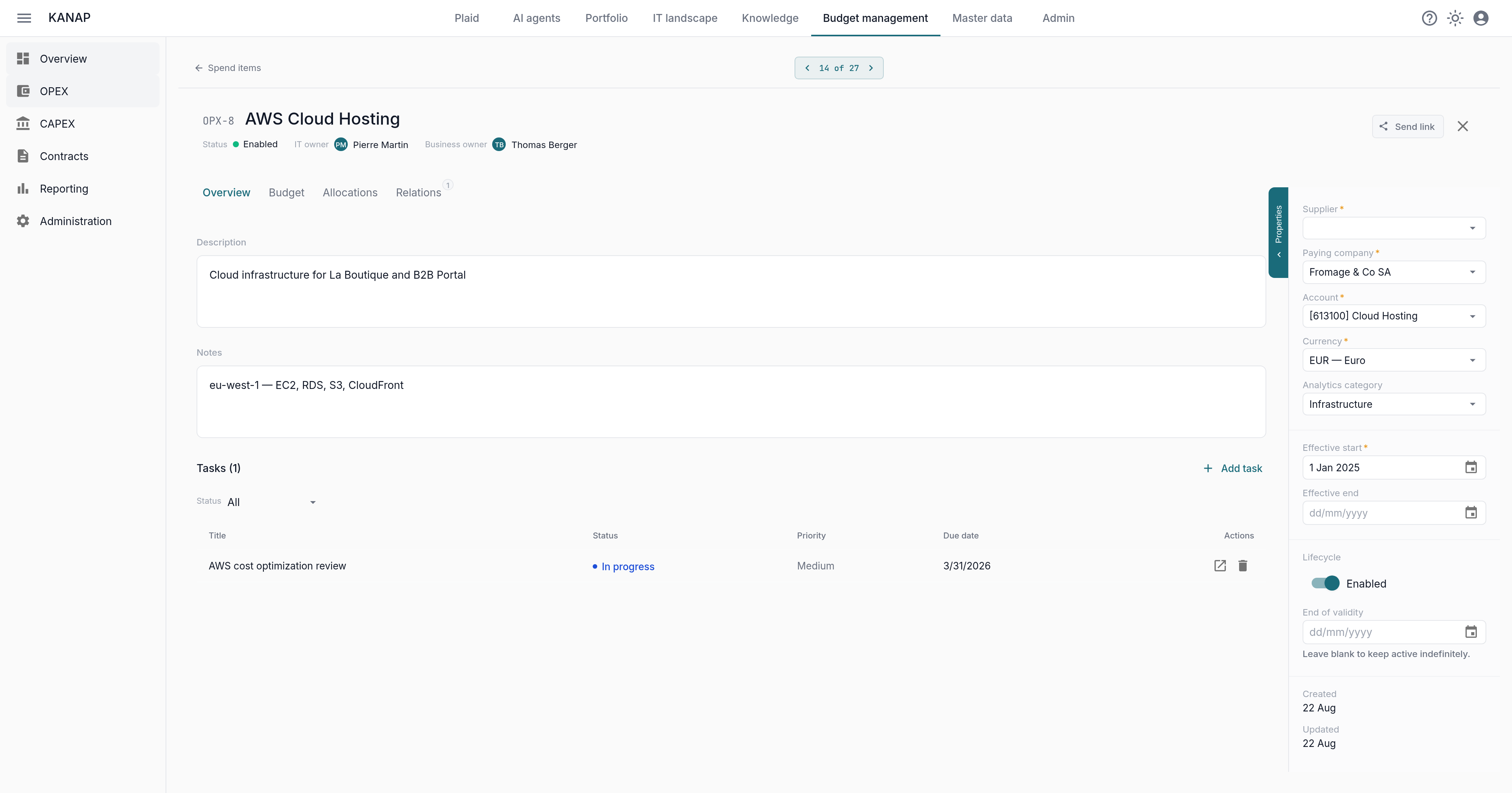 The Analytics category field of an OPEX item, here AWS Cloud Hosting tagged Infrastructure
