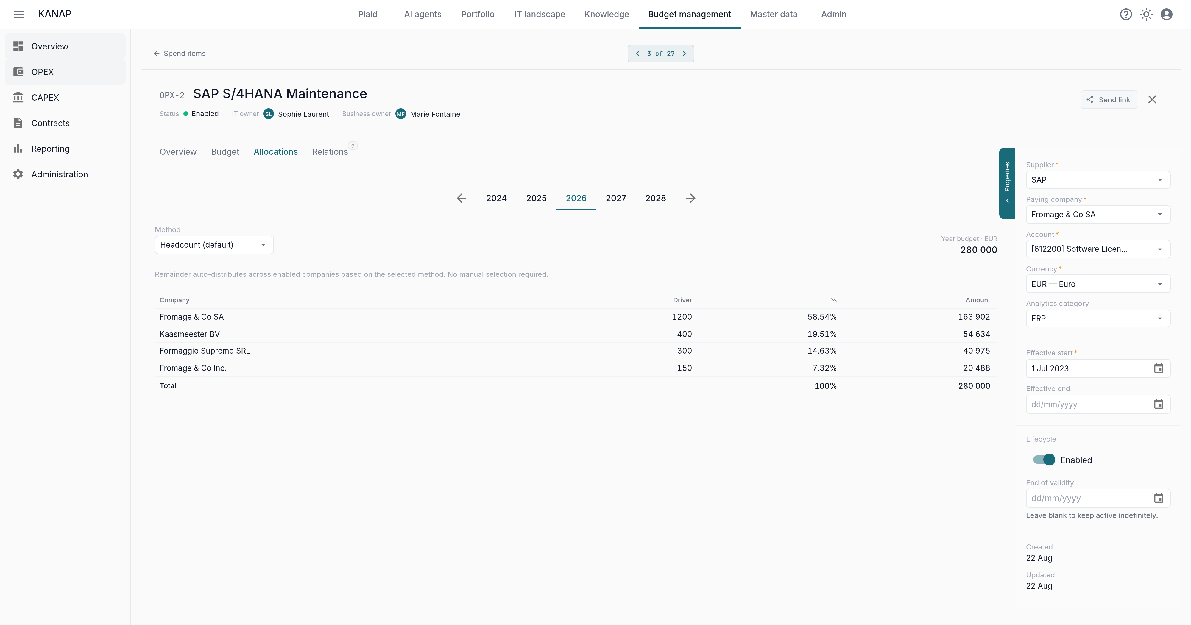 The Allocations tab: method, driver, percentage and amount per company