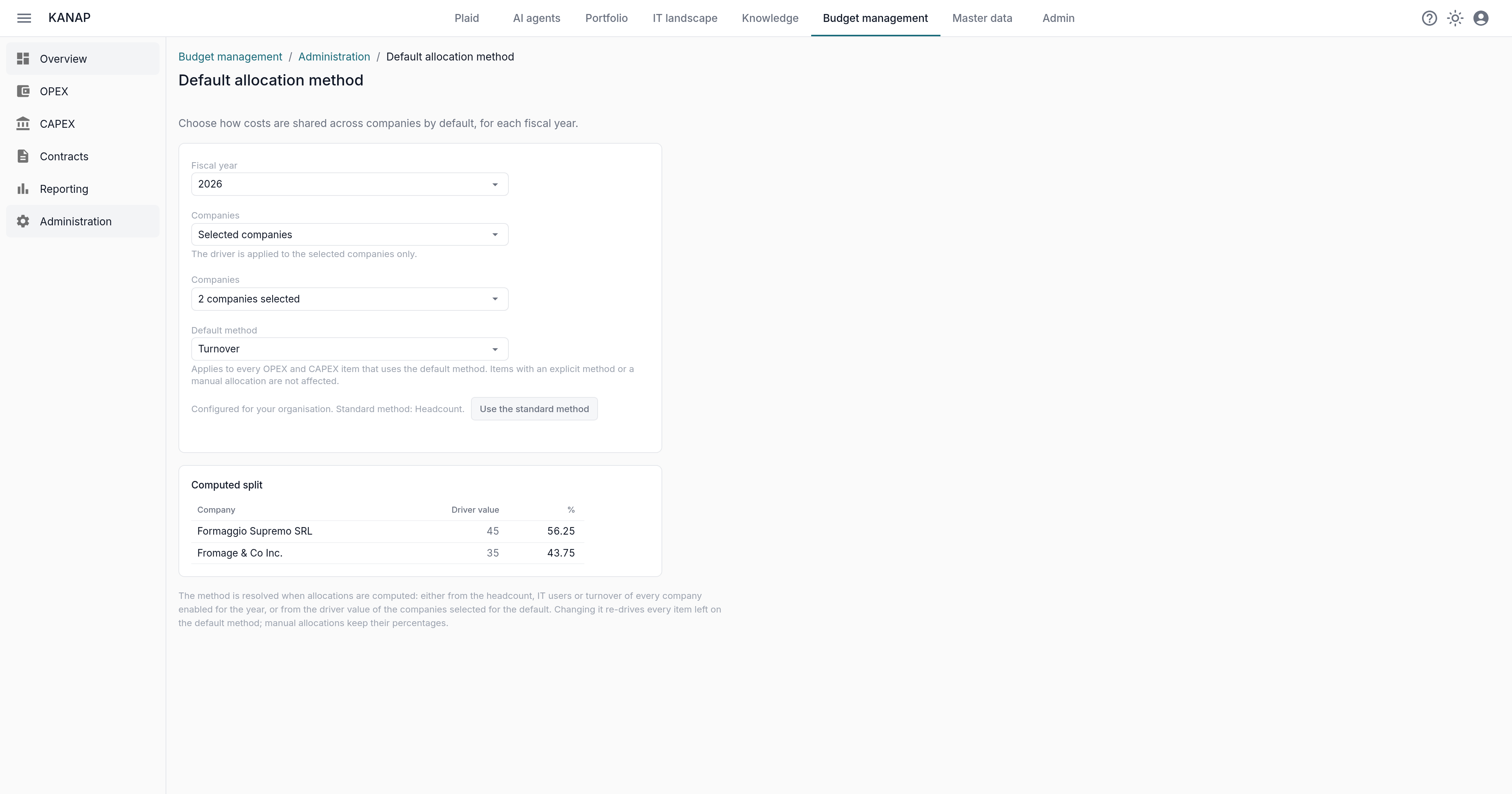 The default allocation method: fiscal year, selected companies, driver and computed split
