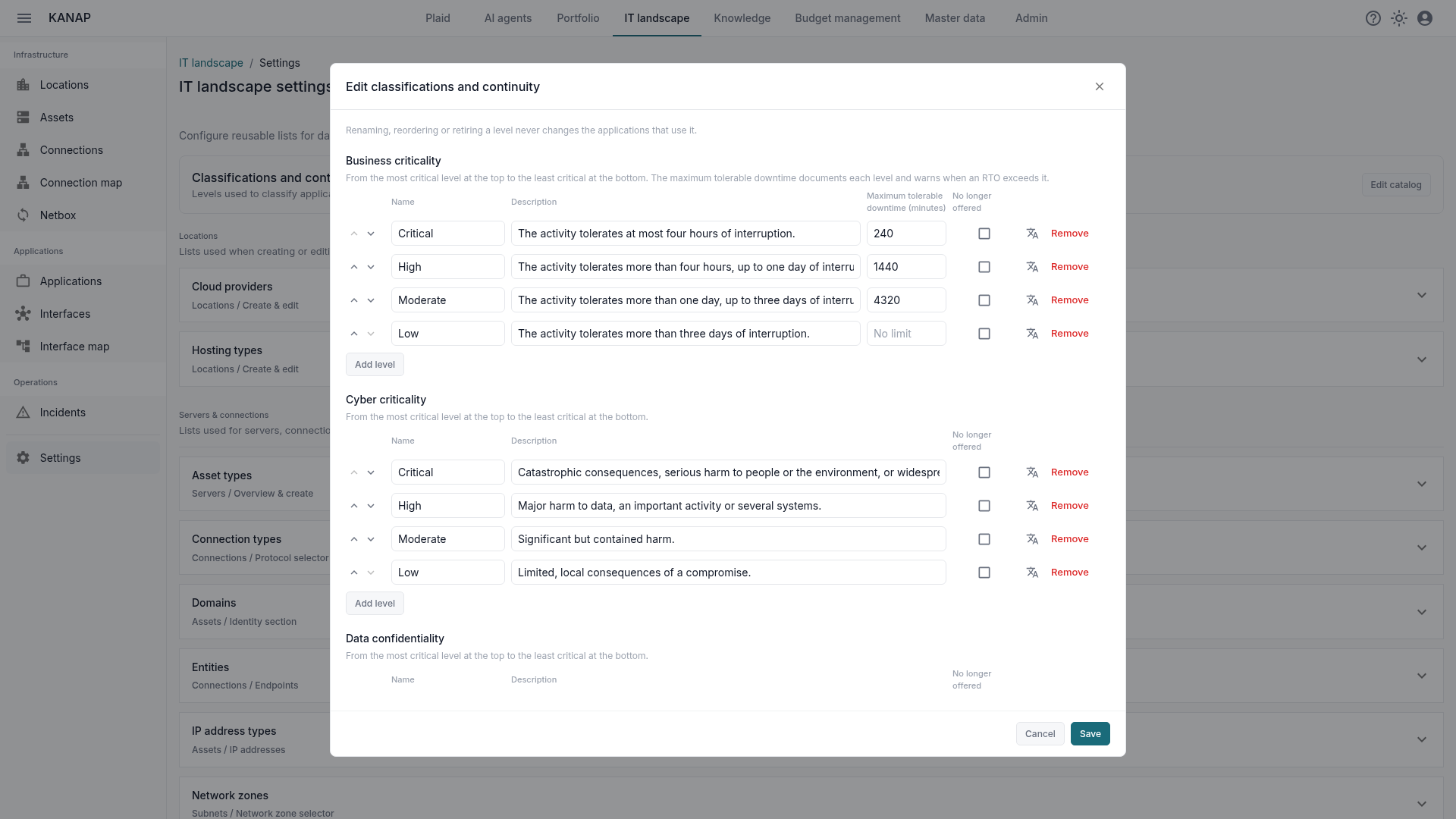 The classification catalog editor: levels, definitions and maximum tolerable downtime