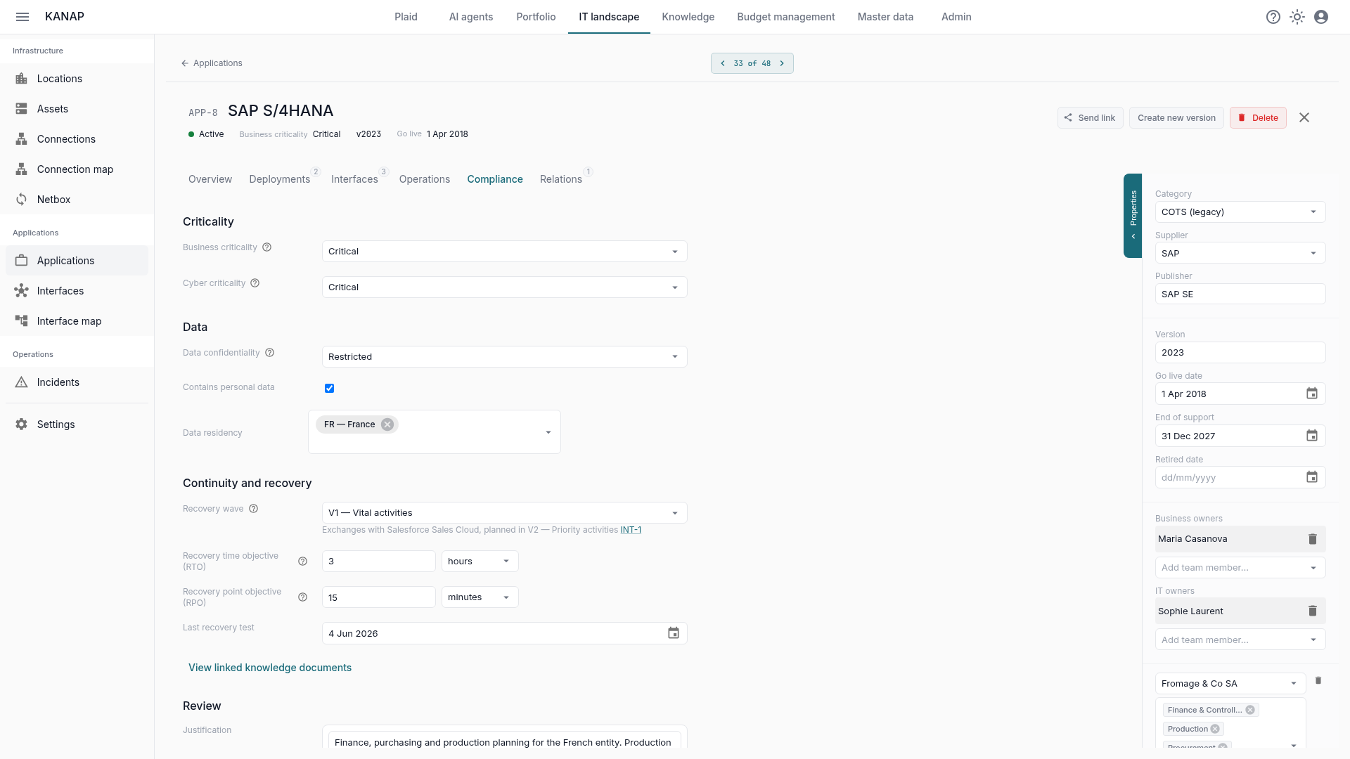 The Compliance tab of SAP S/4HANA: criticality, data, continuity and recovery, with the exchange with an application planned in a later wave