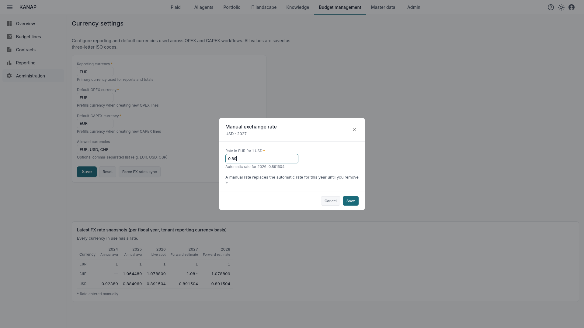 The Manual exchange rate dialog: the rate in euros for one dollar, with the automatic rate of the neighbouring year as a reference