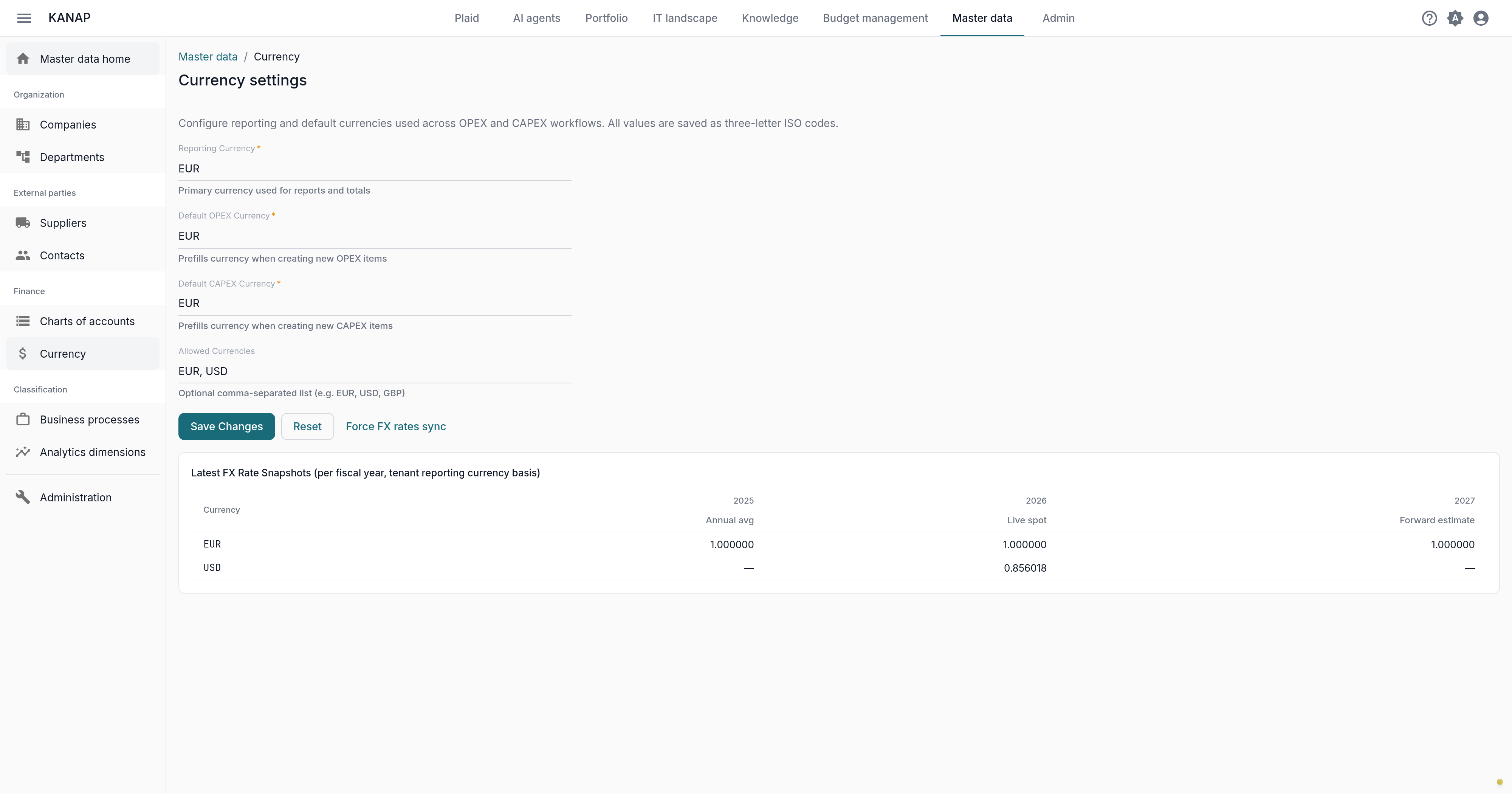 Currency settings: reporting currency, allowed currencies and FX rates