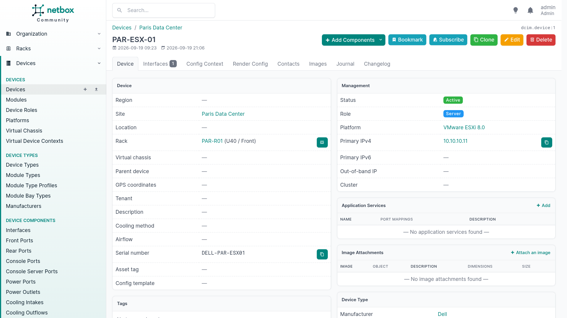 The Netbox record for server PAR-ESX-01: site, rack, serial number, address and platform