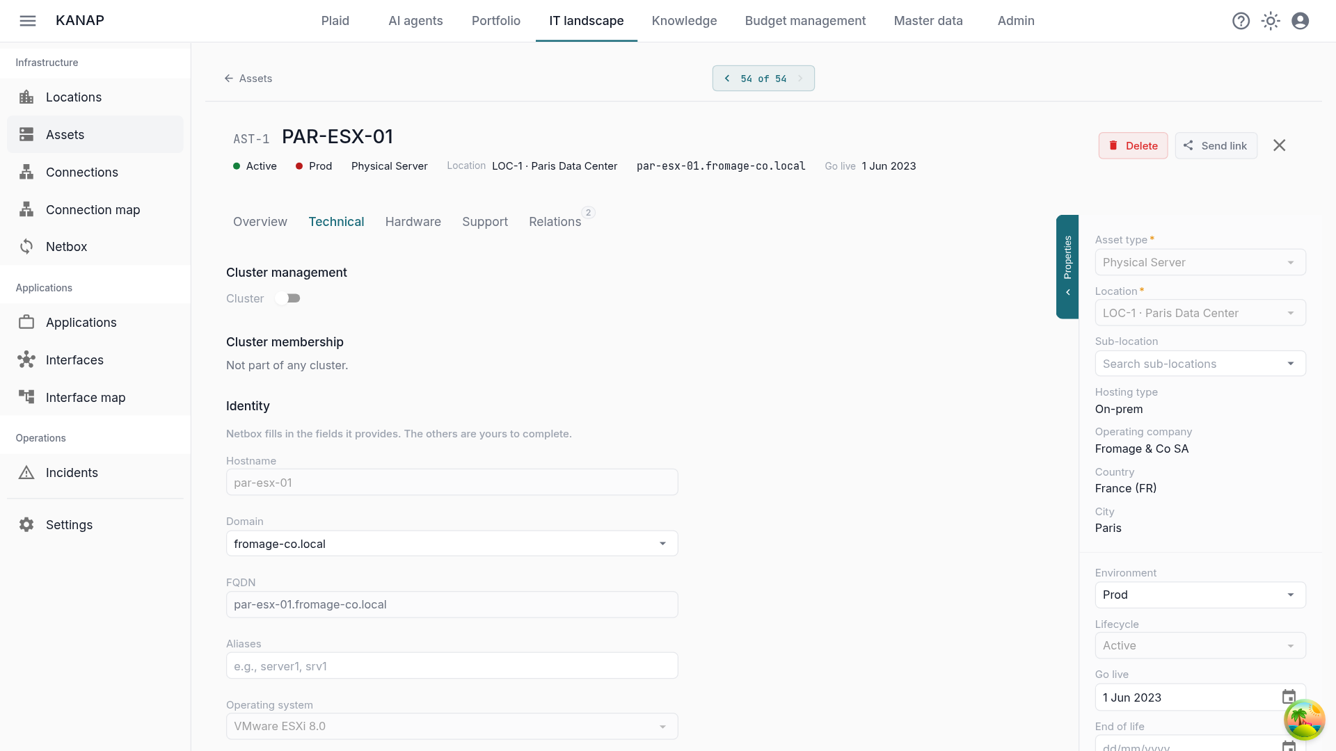 The identity fields of a linked asset: Netbox fills in the fields it provides, the others are yours to complete