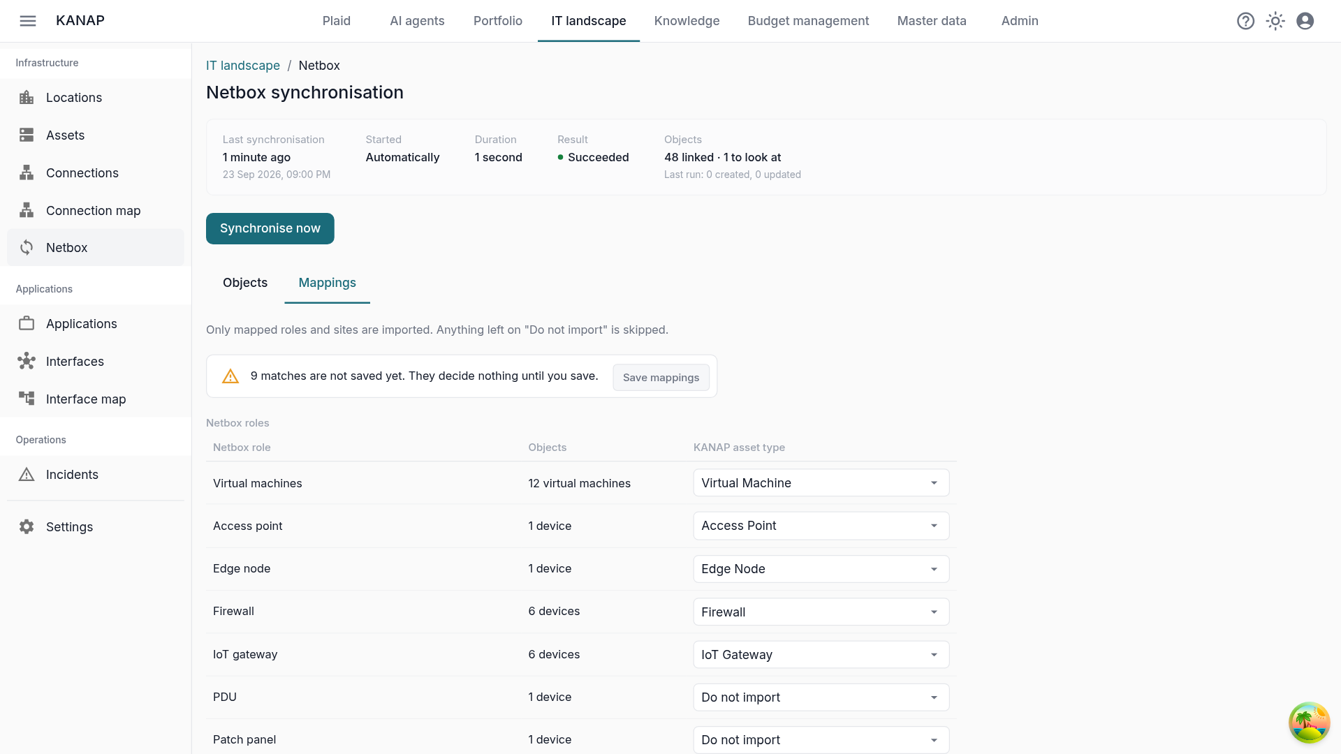The Mappings tab: each Netbox role gets an asset type or Do not import