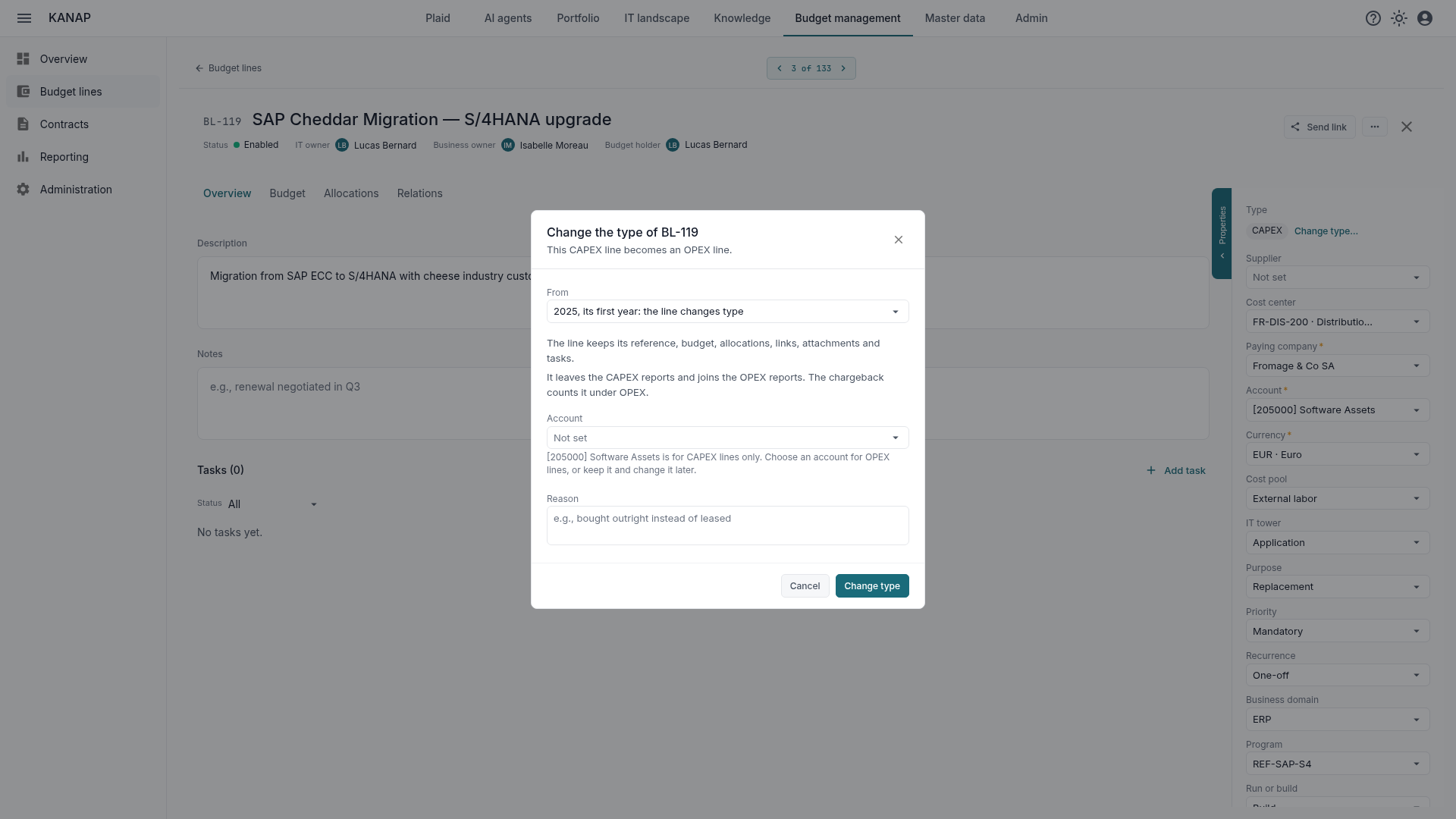 The Change type window of a budget line: starting year, account and reason