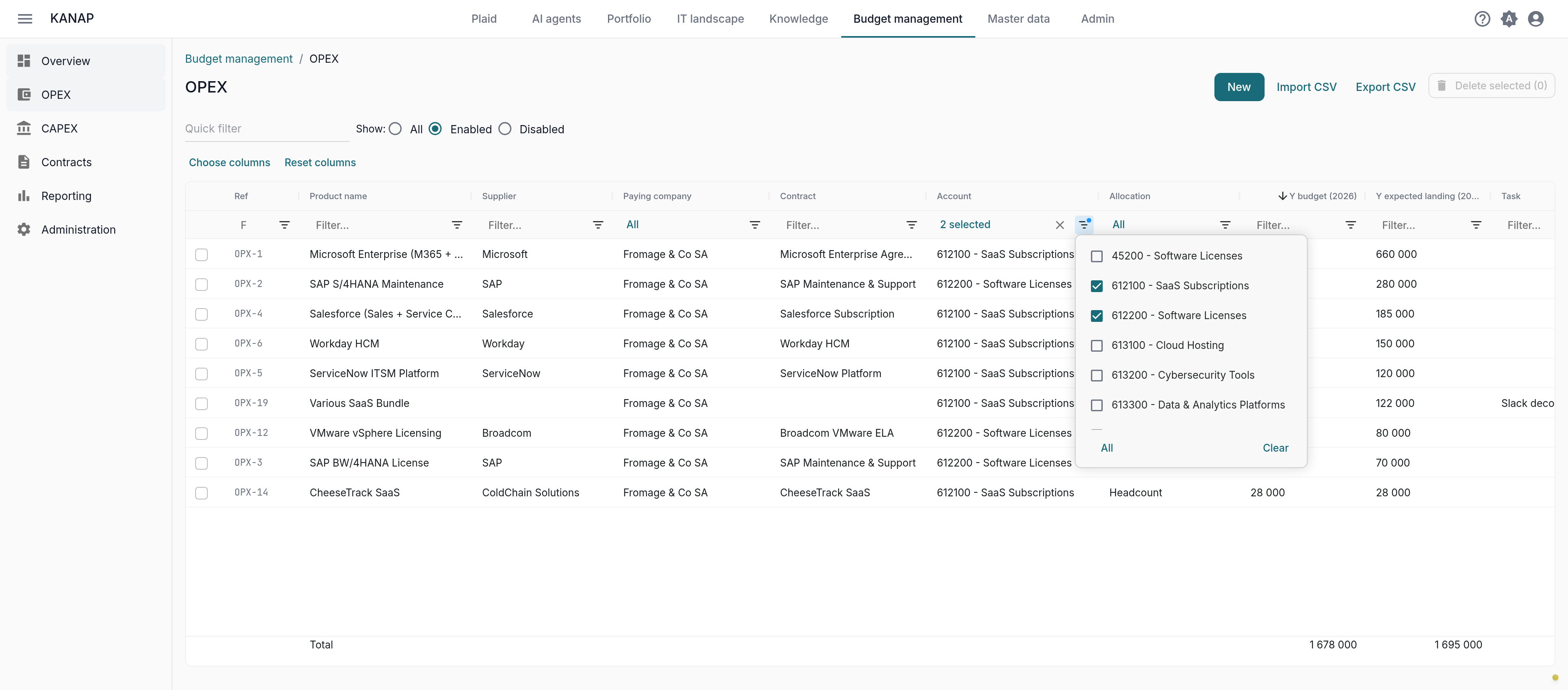 The filtered OPEX list, with the totals row following the selection