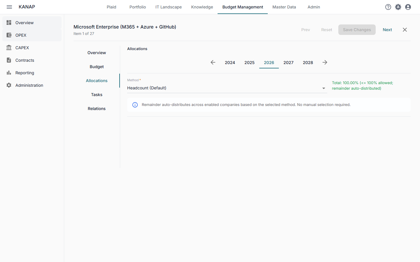 Allocation editor showing six methods