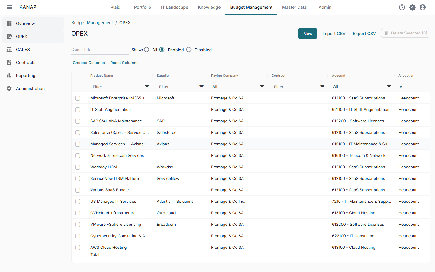 Multi-year budget grid with dynamic columns
