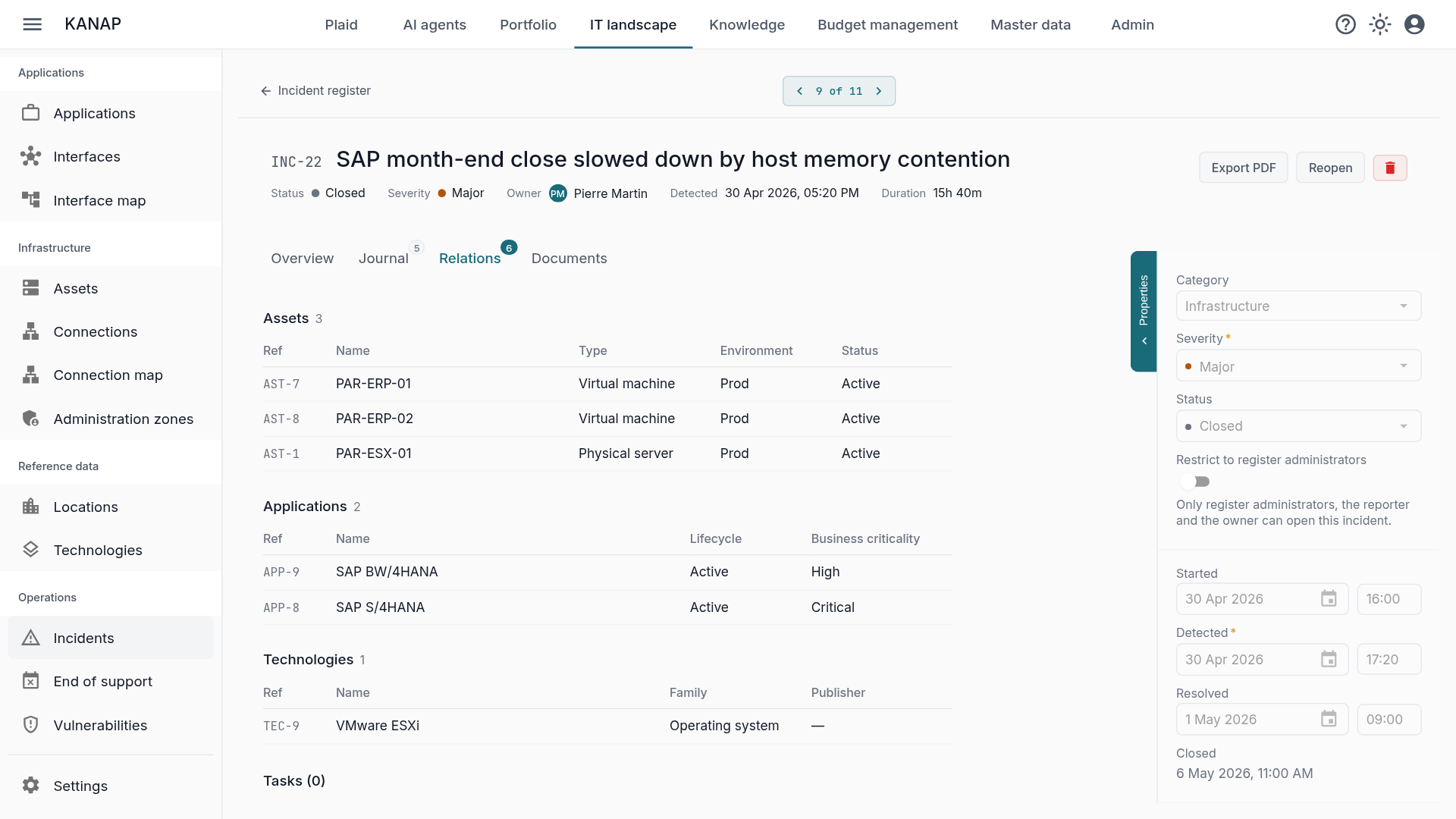 Relations of an incident: three servers, two SAP applications and VMware ESXi