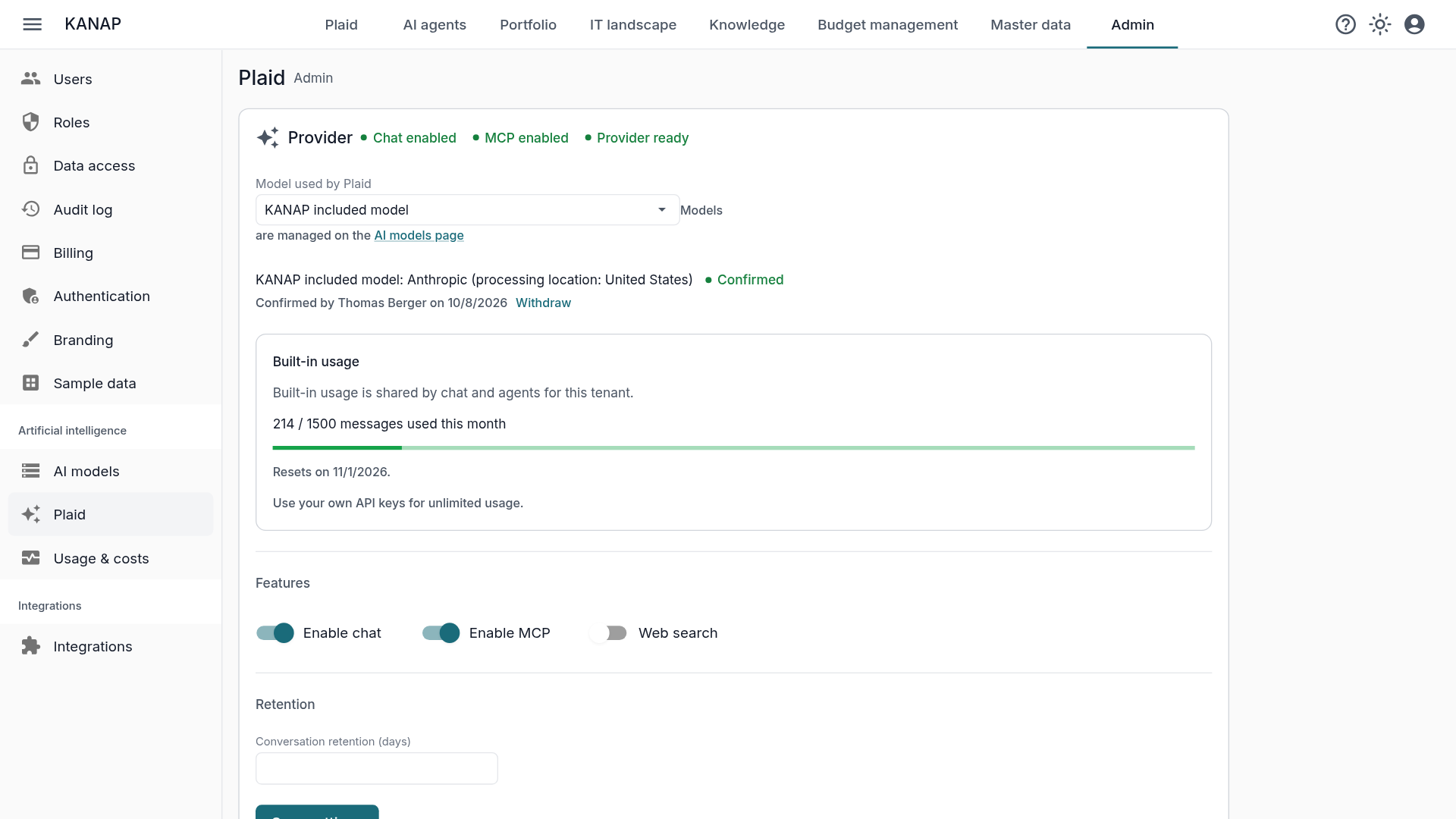 Plaid settings: chat and MCP on, included model and its processing location confirmed, usage this month