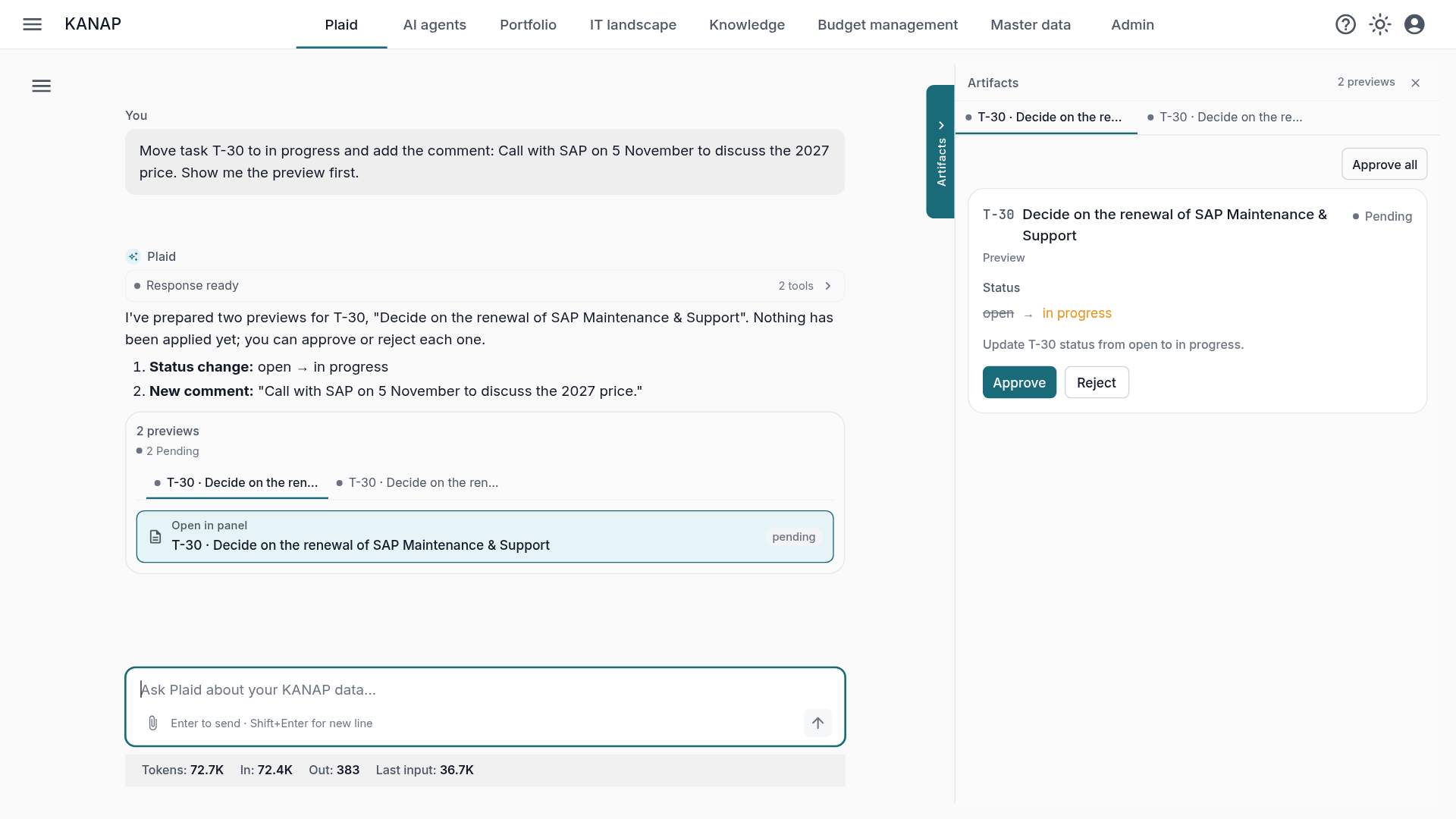 Plaid prepares two changes to a task as previews, with Approve and Reject