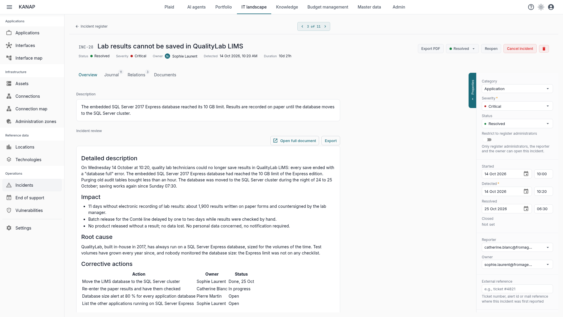 The overview of an incident, with its description and its incident review.