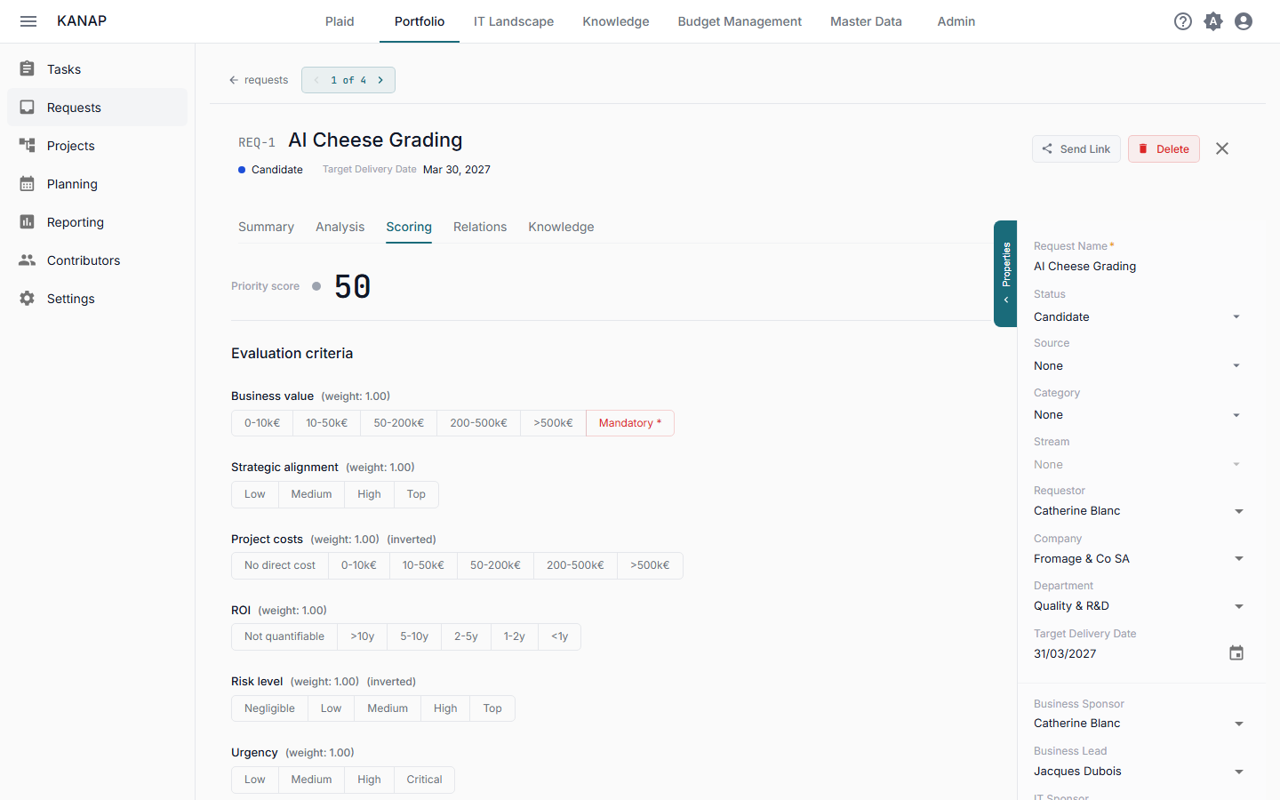 Request scoring editor with weighted criteria