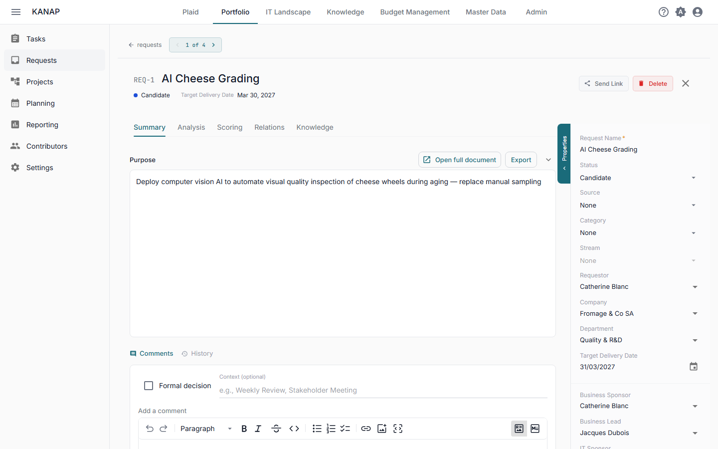 Request workspace with activity timeline