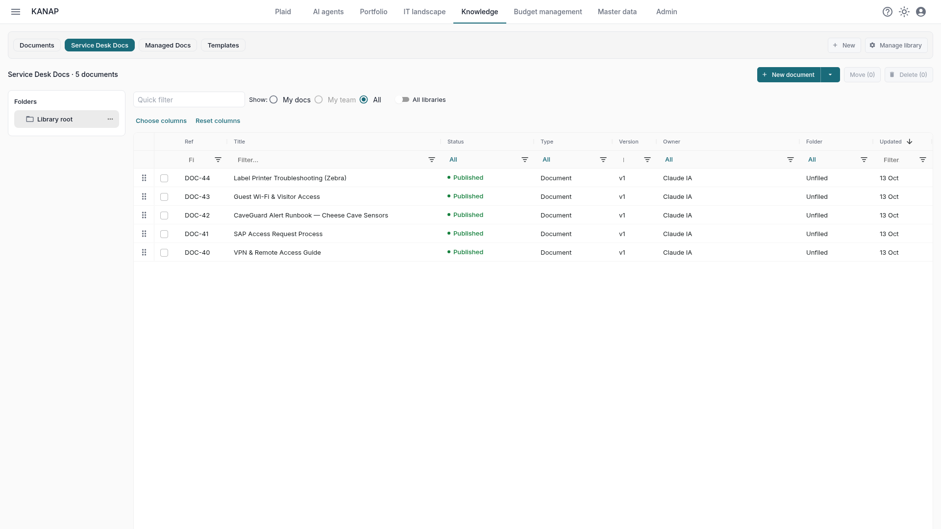 The Service Desk Docs library lists five published documents, from the VPN guide to the SAP access request process.