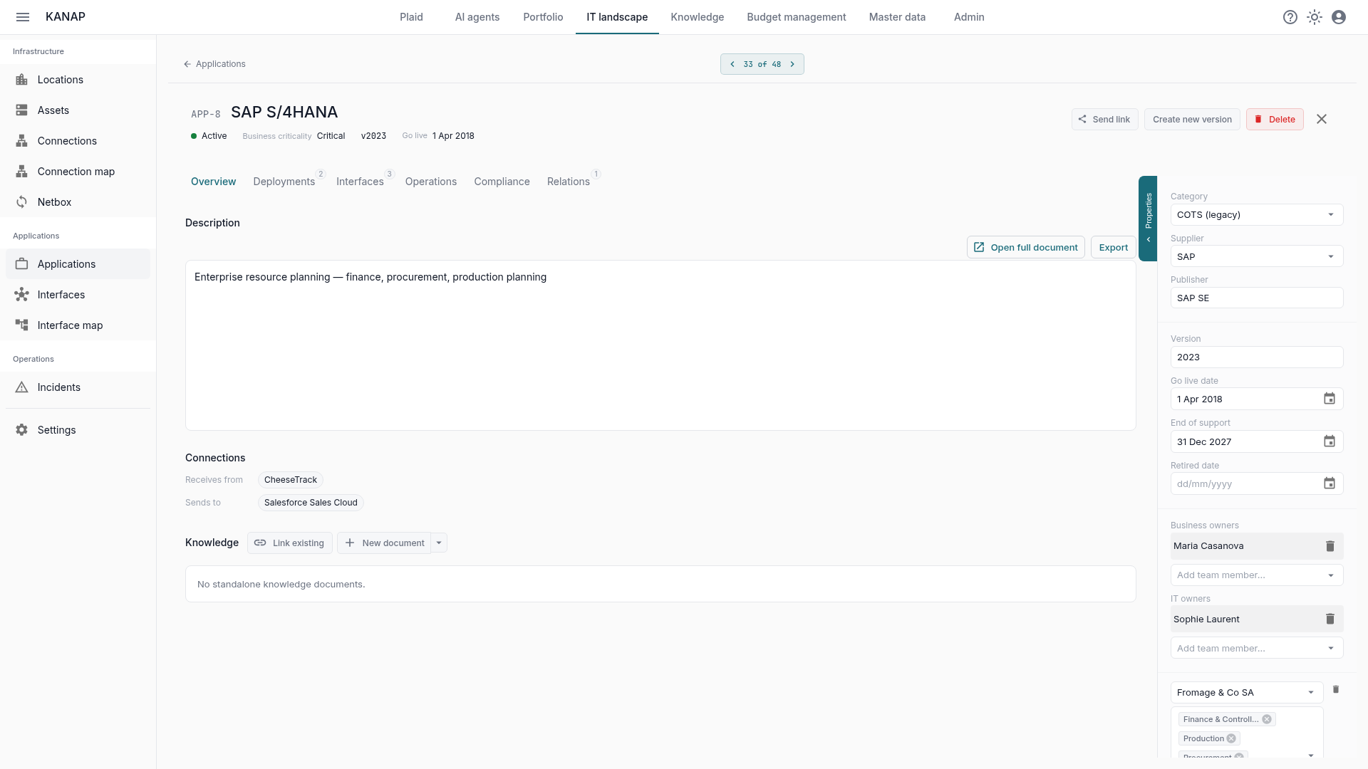 The SAP S/4HANA application workspace shows its description, connections, business owner and lifecycle dates.