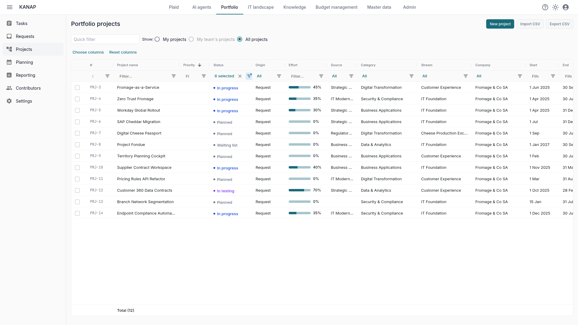 The portfolio projects list shows each project with its status, progress, category and dates.