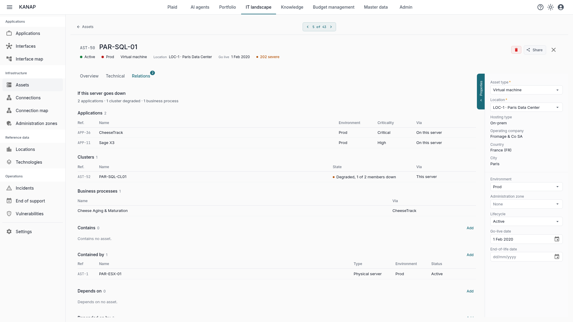 A server’s Relations tab opens on what would stop with it: applications, assets, clusters and business processes.