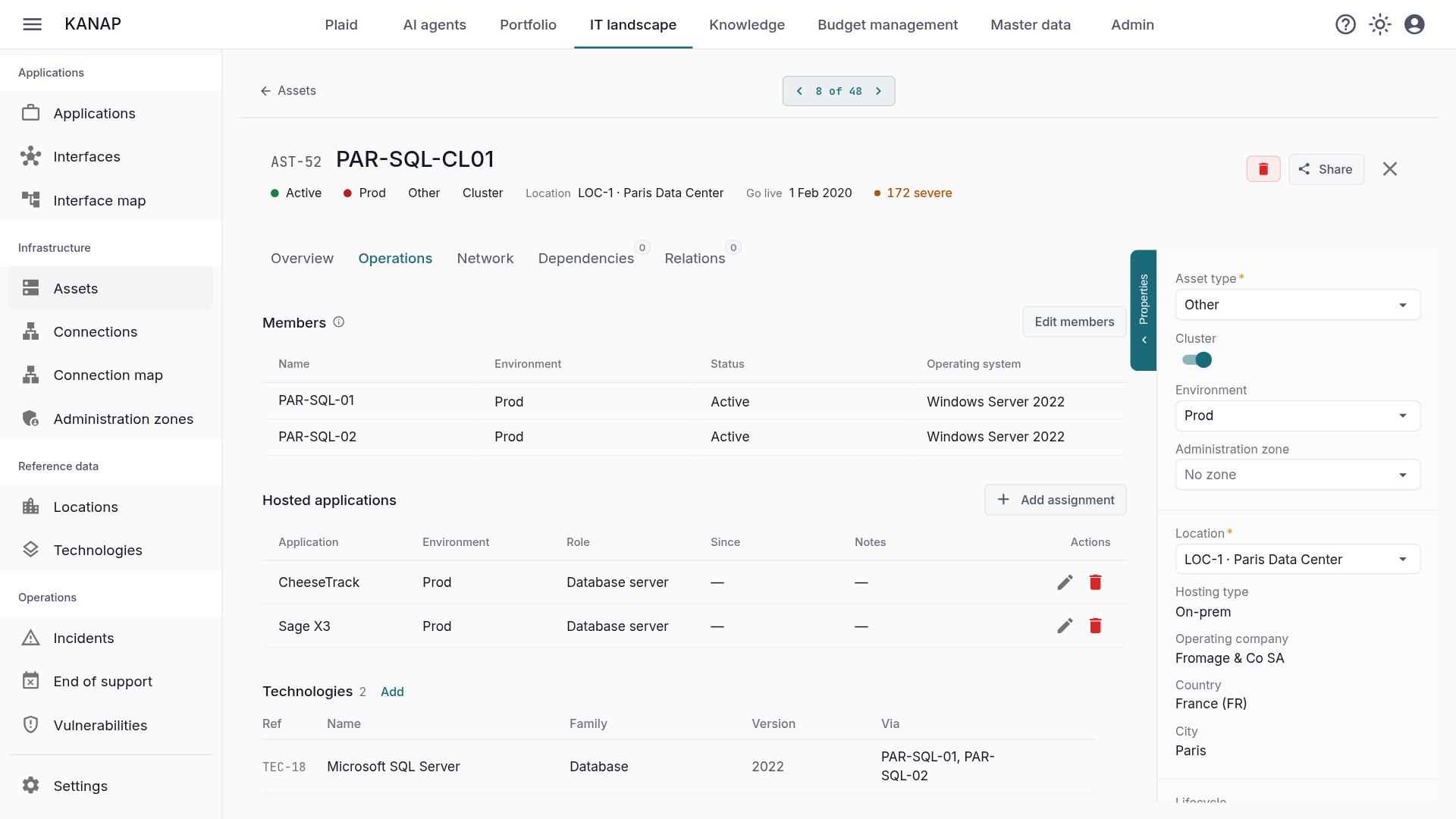 A SQL Server cluster record lists its two member servers and the applications it hosts.
